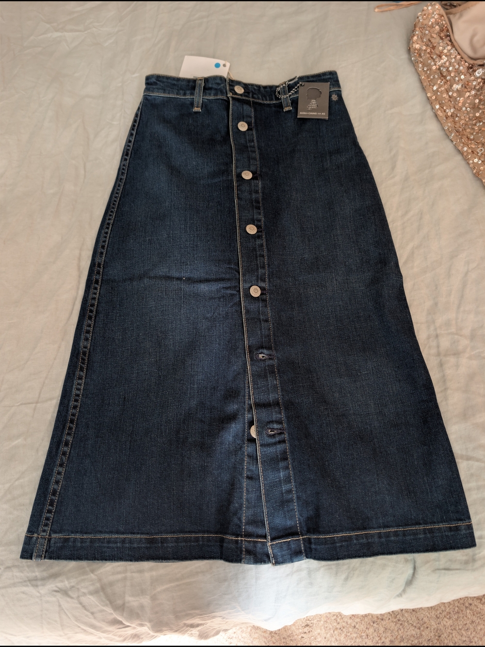 NWT ALEXACHUNG x AG "The Kicker" Denim Midi Skirt Button Front Size 27